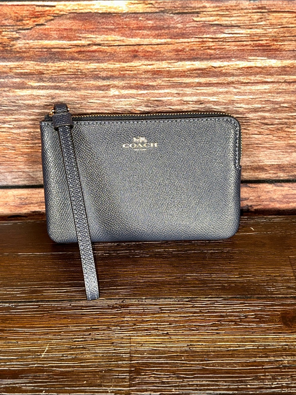 Coach Navy Blue Textured Leather Zip Wristlet with Gold Logo